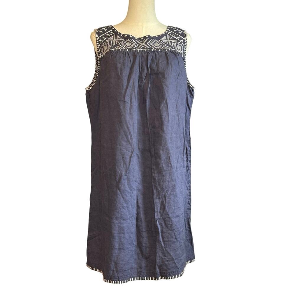 C&C California Blue White 100% Linen Dress Large Cottage Boho Minimalist Casual